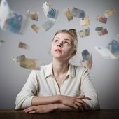 modrembt Girl in white and falling Euro banknotes. Currency and lottery concept. Young slim woman.